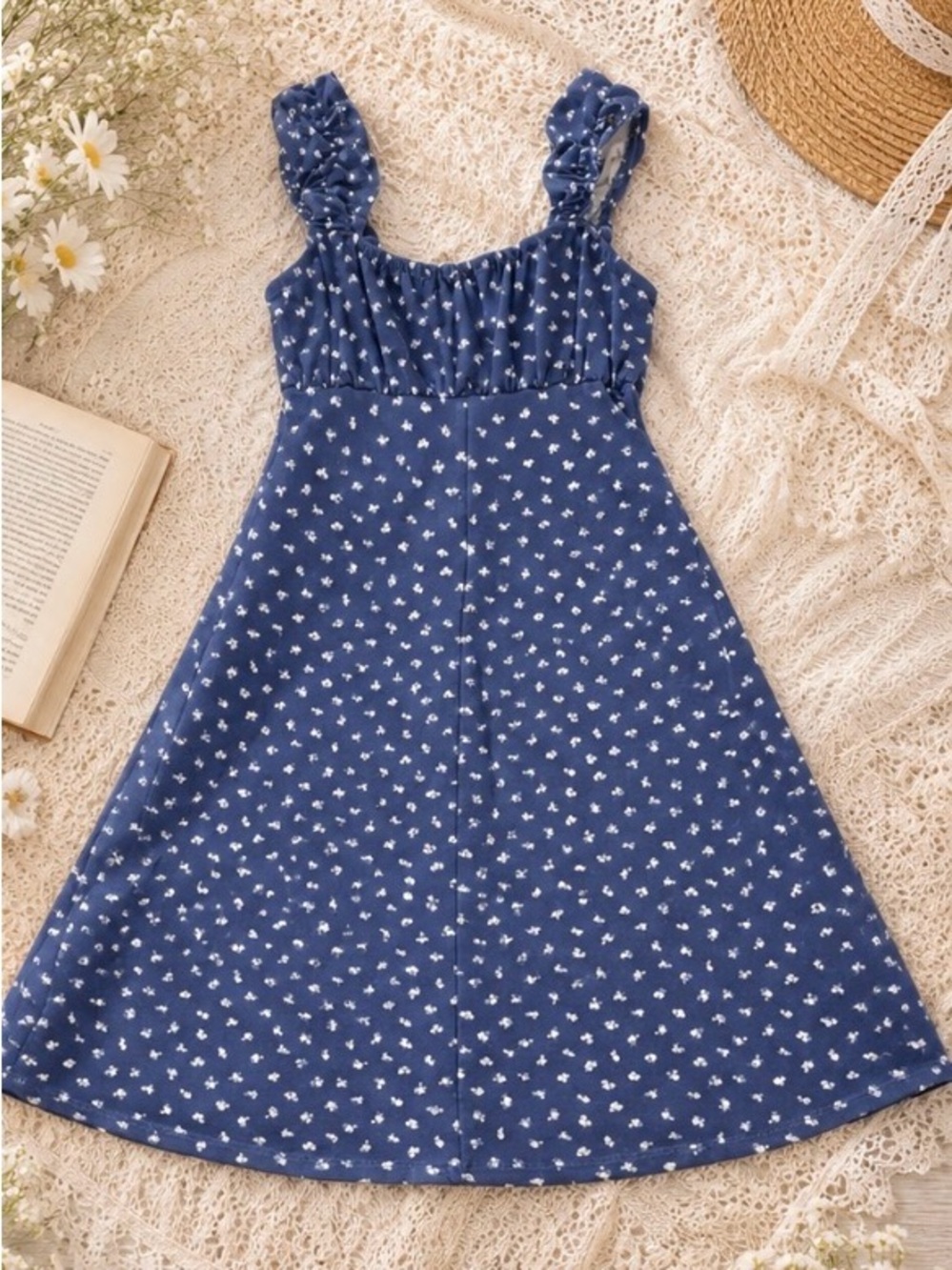 Blue Floral Sundress with Ruffled Straps